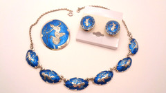 Vintage Sterling Silver Siam Niello Blue Enamel Necklace Brooch Clip Earring Set