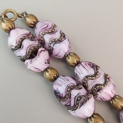 Vintage Art Deco Slag Glass Beaded Necklace Czech Purple Pinched Gold Tone 18″