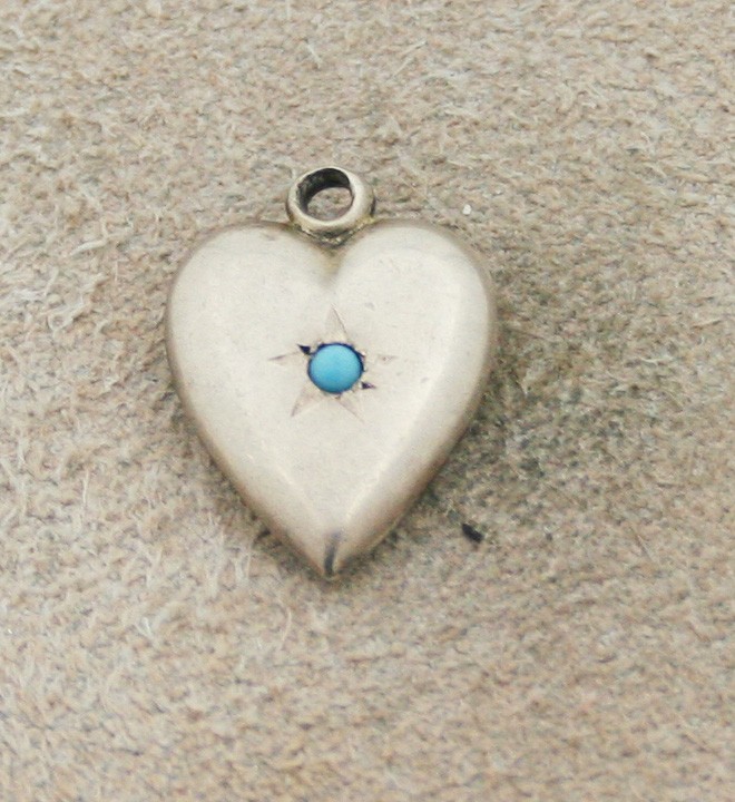 VICTORIAN VINTAGE STERLING PUFFY HEART CHARM – Plain with Inset Blue Bead& Engr.