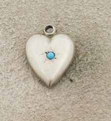 VICTORIAN VINTAGE STERLING PUFFY HEART CHARM – Plain with Inset Blue Bead& Engr.