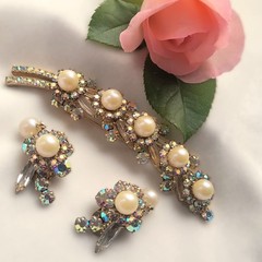 Juliana D&E Faux Pearl Bead AB Rhinestone Brooch Earring Book Piece Vtg Heirloom