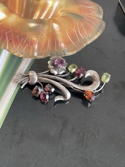 Vintage 1930s 1940s floral spray brooch multicolor glass rhinestones silver
