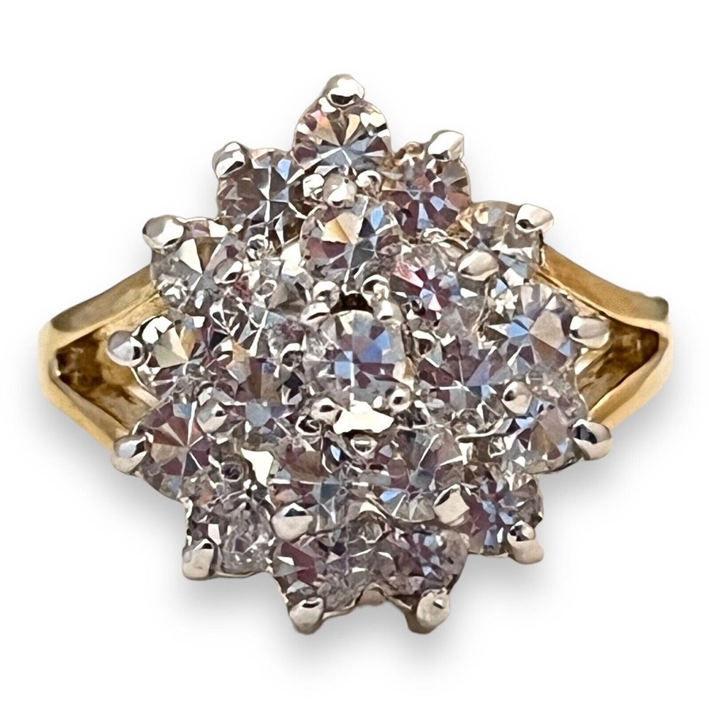 Vintage 1980s CZ Cocktail Ring Size 5 Halo Dome Two Tone Gold Plated – 14G