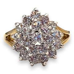 Vintage 1980s CZ Cocktail Ring Size 5 Halo Dome Two Tone Gold Plated – 14G