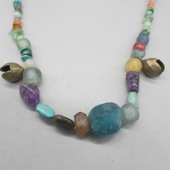 Vintage Stone Necklace Beaded 2 Bells Multicolor 24 Inch