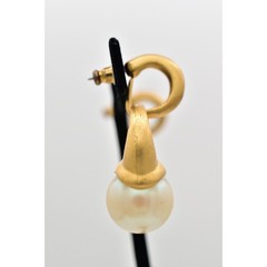 Vintage Pearl Drop Earrings Dangle Brushed Gold Matte Hoop Chunky NOS 1980s A23