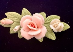 Porcelain pink floral green leaf brooch bar pin 2.5 inches $15