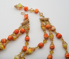 Vendome Art Glass 3-Strand Necklace Earrings Orange AB Crystal 17 Inches.