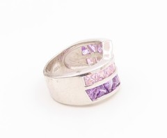 925 Sterling Silver Vintage Ring Amethyst & Pink Topaz Band Sz 7.5 RG36250