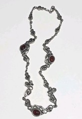 Vintage Brutalist Organic Pewter Necklace Red Cabochon Mid Century Modernist