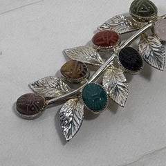 VTG Egyptian Scarab Leaf Brooch Pin Multi Gemstone Sterling Silver Designer JJJ