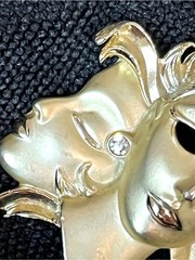 Vintage Art Deco Gold Tone Dual Face Mask Brooch Pin Rhinestone