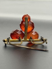 Vintage Czech Bohemian Amber Red Crackle Glass Bead Brooch Trombone Clasp Pin
