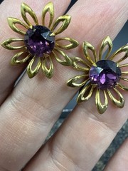 Vintage Rhinestone Screw Back Earrings Gold Tone Purple Stones