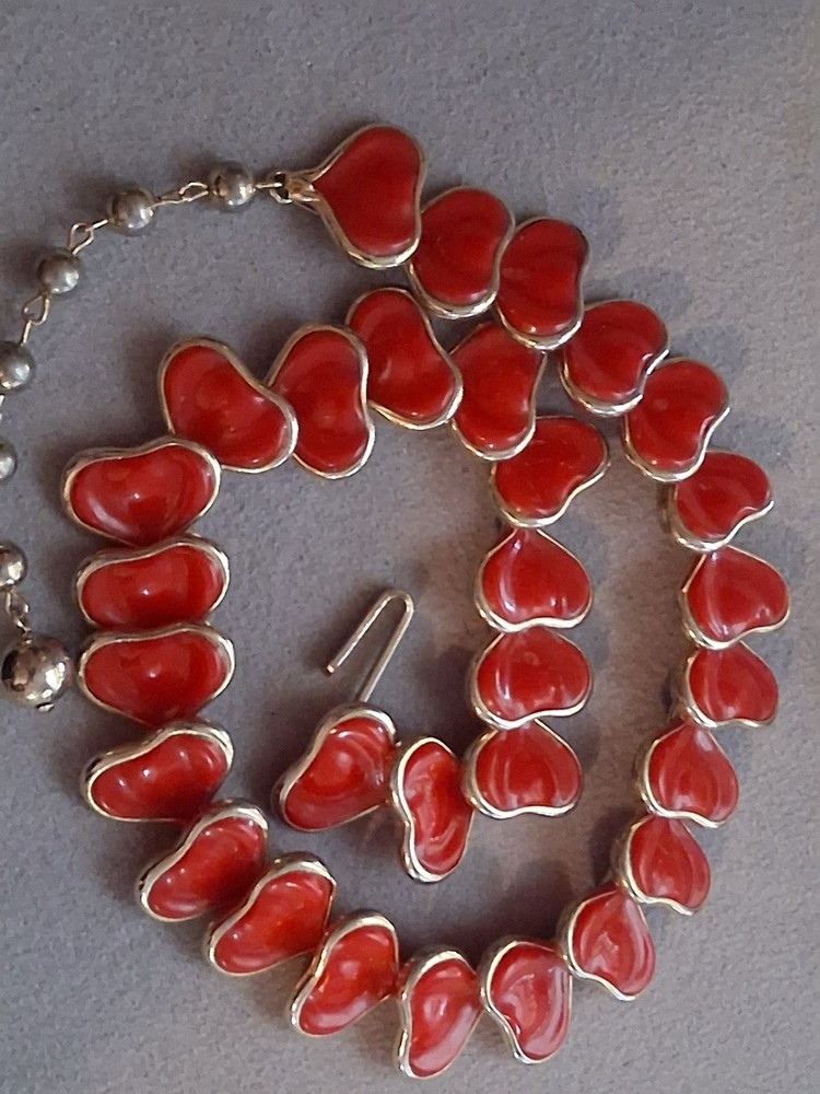 Vintage red celluloid stylized leaf abstract necklace, 16″, articulated