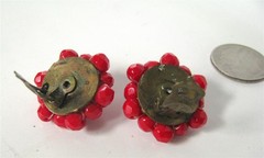 Vintage Germany Red Czech Glass Bead Beaded Cluster Earrings Clip On Hexagon