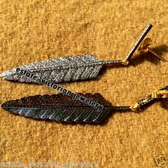 Vintage Look 2.90ct Genuine Old Mine Rose Diamond Silver Feather Earring Jewelry