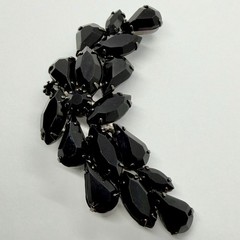 Vtg Jet Black Rhinestone Crescent Statement Gunmetal Brooch Marquise Teardrop