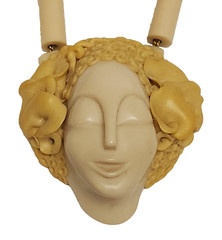 June Metaxides Art Nouveau Resin Figural Beauty Pendant Bead Necklace GF Chain