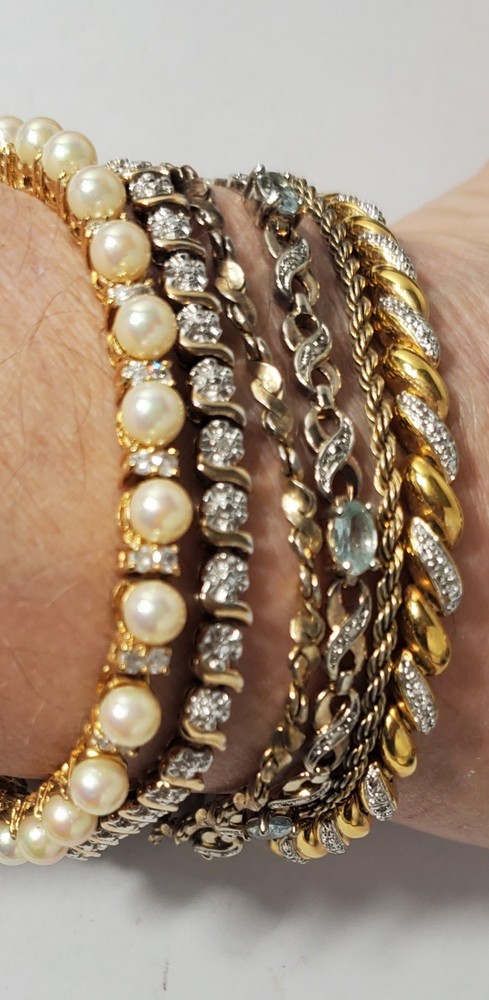 Vtg Sterling Silver Gold Tennis Chain Bracelets Lot of 6 Diamond Aquamarine