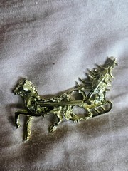 Gold-tone Reindeer & Sleigh And Tree Brooch with Colored Rhinestones