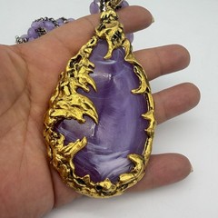 Vtg The Love Witch Brutalist Purple Faux Amethyst Lucite Pendant Necklace