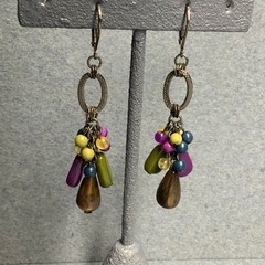Cluster Dangle Earrings 2.25 In Blue Green Purple Textured Silver Loop Beaded