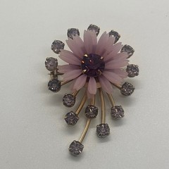 Vintage Pink Flower Sunburst Brooch Lavender Rhinestone Gold Tone Spray Pin
