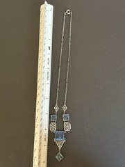 Art Deco 1920’s Filigree Flapper Necklace w/ Square Cut Blue Glass
