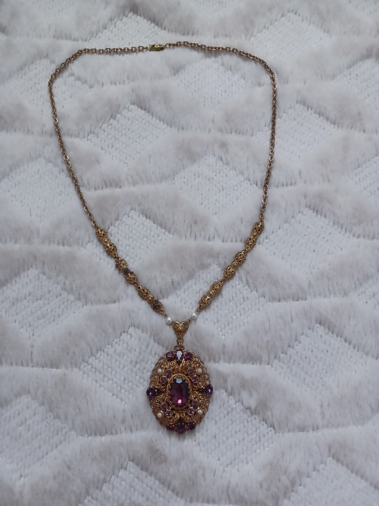 Vintage West Germany Gold Tone Costume Purple Rhinestone Large Pendant Necklace