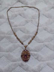 Vintage West Germany Gold Tone Costume Purple Rhinestone Large Pendant Necklace
