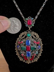 Vintage Czech Glass Filigree Enamel Necklace Multicolor Rhinestone Oval Pendant