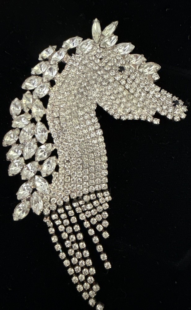 Crystal Horse Brooch Pin Custom Handmaid Rhinestone Vintage 3 x 3.5 inches