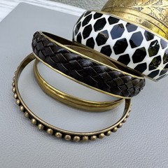 Geometric Brass Bracelet Stack Enamel Bangle Vintage Leather Black White Safari