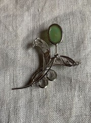 Vintage JJJ Signed Green Agate Sterling Silver Flower Brooch Pin