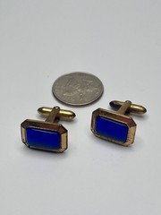 Vintage Dolan & Bullock Correct Quality Blue Glass Rectangle Gold Tone Cufflinks