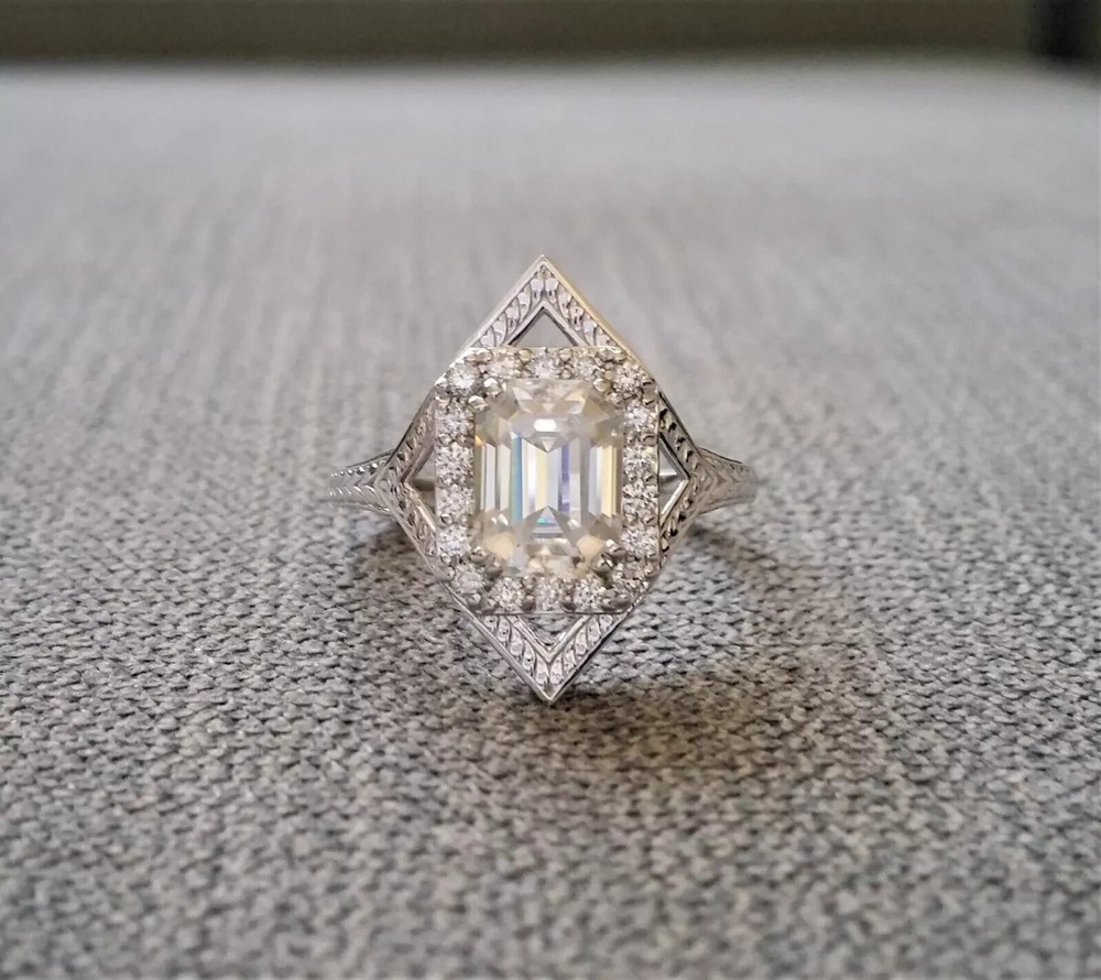 4.24Ct Art Deco Style Emerald Lab Created Diamond Wedding 14k White Gold FN Ring