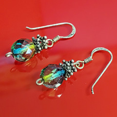 VTG 925 Faceted Glass 1in Drop Earrings Sterling Silver 2gtw Blue Green Swirl