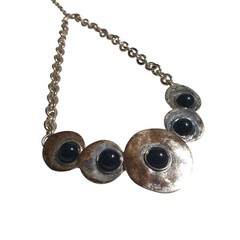 Vintage Chunky Silver Tone Chain Necklace Black Cabochon Discs Statement Jewelry