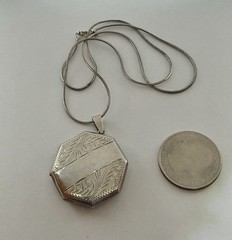 Antique Art Deco Octagon Shaped Sterling Locket Necklace 17”