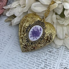 Gold Heart Locket Birthday Anniversary Wedding Purple White Rose Cameo Necklace