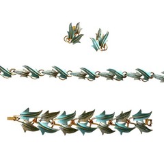 1960’s Signed Mode Art Light Blue Enamel Leaves Bracelet Necklace Clip Earrings