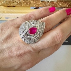 Vintage Pear Shape Ruby Cubic Zirconia Statement Ring Size 8 Glam Sparkly Party