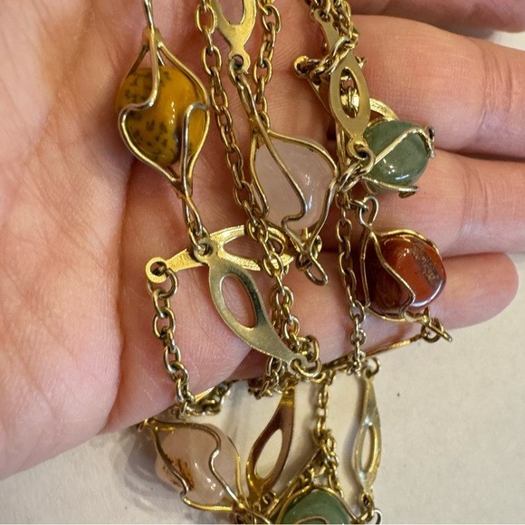 Vintage Gold Tone Wire Caged Gemstone Station Necklace 50″ Long MCM Jewelry