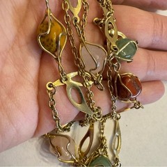 Vintage Gold Tone Wire Caged Gemstone Station Necklace 50″ Long MCM Jewelry