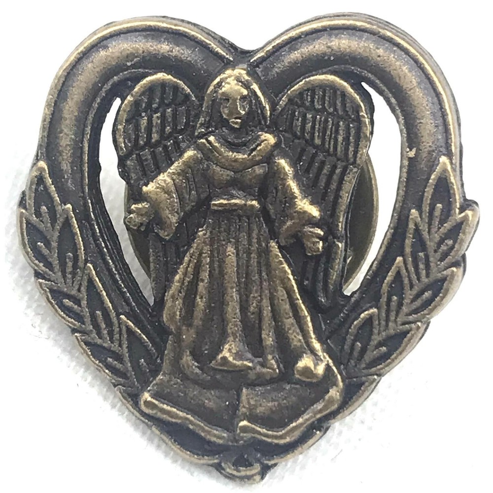 Vintage Heart Shaped Angel Catholic Christian Pin Brass Tone Brooch Protection