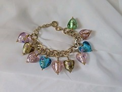Graziano Art Glass Hearts Charm Bracelet Pink Green Blue 8-9″ Gold Plated