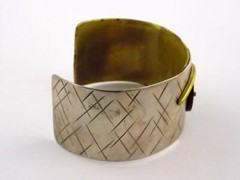 Vintage Sterling Silver and Brass Black Onyx Wide Cuff Bracelet 6.75 In V GOOD