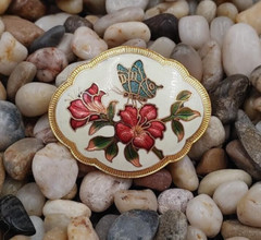 Vintage Oval Cloisonne Enamel Flowers and Butterfly Brooch Pin White Gold Tone