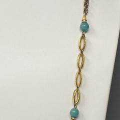 VTG Chain Necklace Aqua Glass Beads Brushed Two Tone Gold Silver Flower Clasp 28